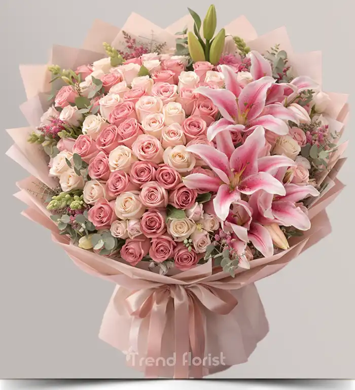 RENKLİ İTHAL GÜL VE  LİLYUM BUKETİ